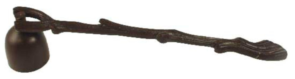 Decorative candle snuffer with a branch-like handle and bell-shaped end on a white background