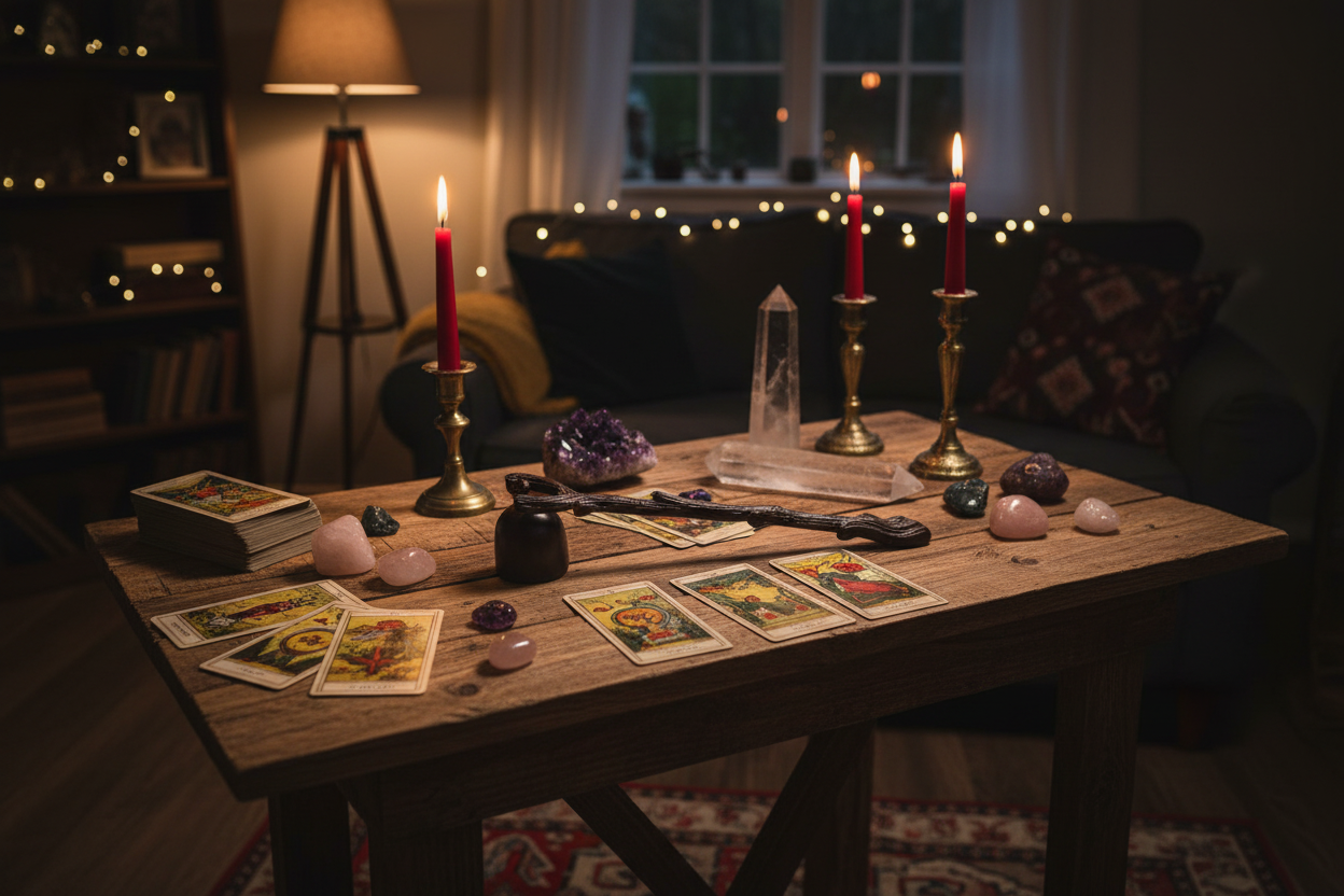 Witchcraft setup with candles, crystals, and tarot cards on a wooden table.