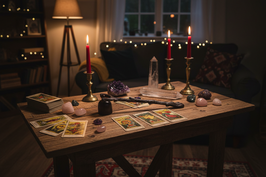 Witchcraft setup with candles, crystals, and tarot cards on a wooden table.
