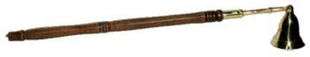Decorative candle snuffer with a handle and bell-shaped end on a white background