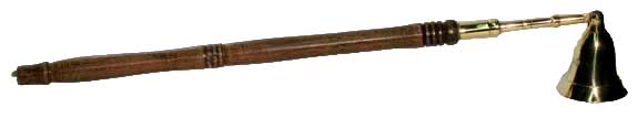 Decorative candle snuffer with a handle and bell-shaped end on a white background