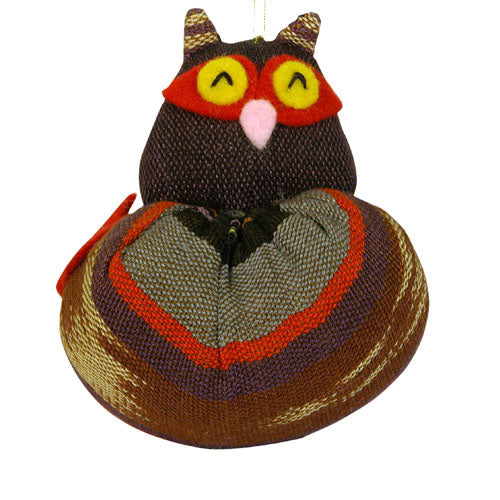 large plush owl ornament made from recycled cotton, handwoven by artisans in Guatemala. Fair Trade product.