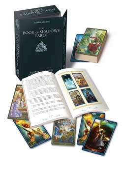 Tarot cards and book titled 'The Book of Shadows Tarot' on a white background