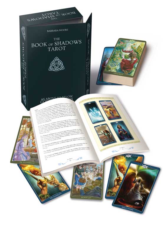 Book of Shadows Tarot set with tarot cards and book on a white background