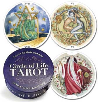 Set of circular tarot cards with artistic designs on a blue background