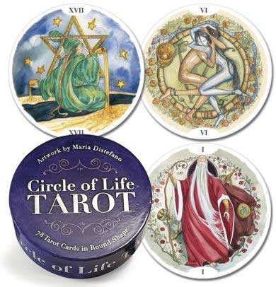 Set of round boxed tarot cards with artistic designs and 'Circle of Life Tarot' packaging.