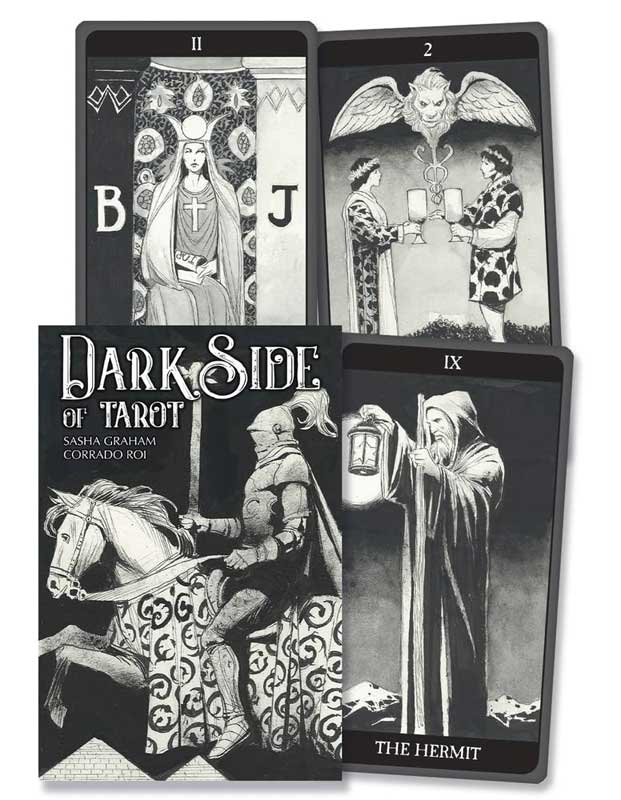 Tarot cards by Susan Graham and Roi 'Dark Side of Tarot' with black and white illustrations.