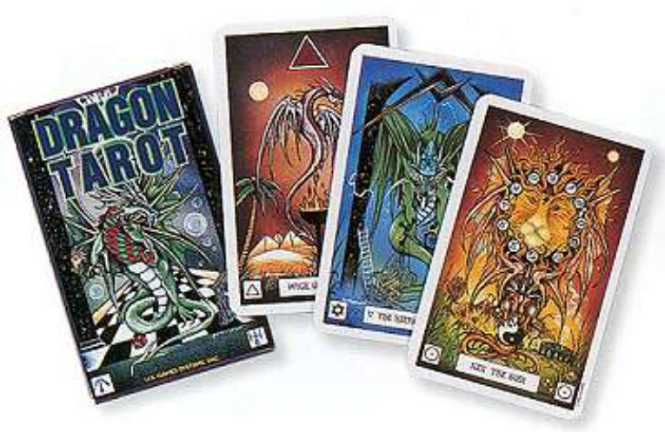 Four tarot cards from The Dragon Tarot set on a white background
