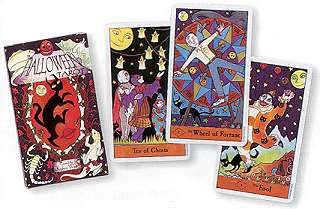Four Halloween-themed tarot cards with colorful designs on a white background.