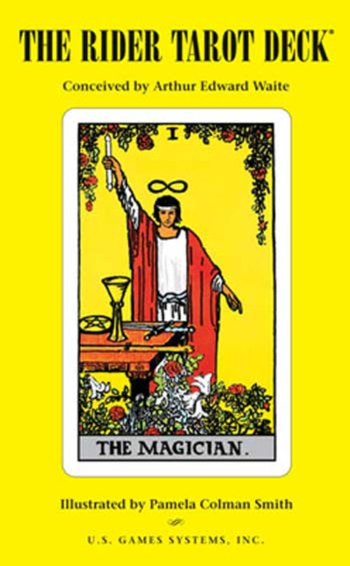 Cover of 'The Rider Tarot Deck' with illustration of 'The Magician' card on a yellow background.
