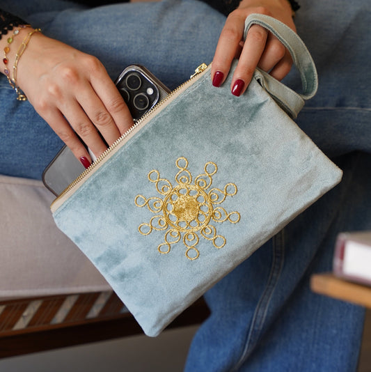Tahiri Velvet Zippered Wristlet Pouch-Blue
