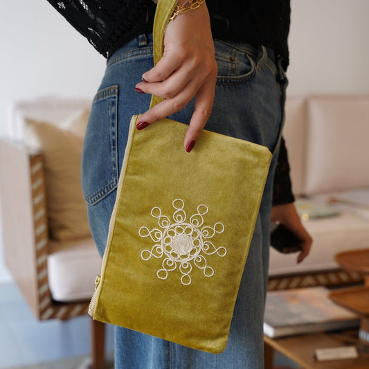 Tahiri Velvet Zippered Wristlet Pouch-Yellow/Green