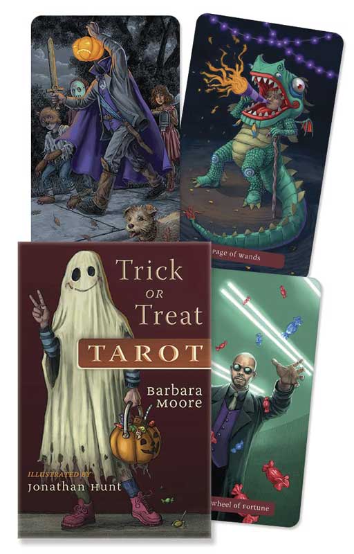 Four tarot cards with colorful designs and a book titled 'Trick or Treat Tarot' by Barbara Moore.