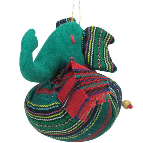 plush stuffed elephant decorative ornament in green and multi-colors with a hanging loop. Made from recycled cotton by fair trade artists in Guatemala.