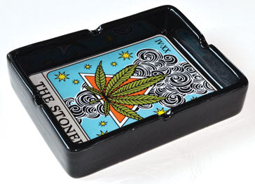 Black ceramic ashtray with multi colored Stoner Tarot Card print inside 