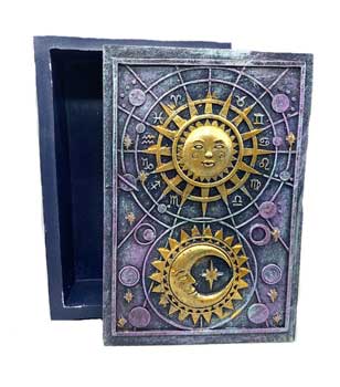 Decorative box with sun and moon design and zodiac symbols on a white background