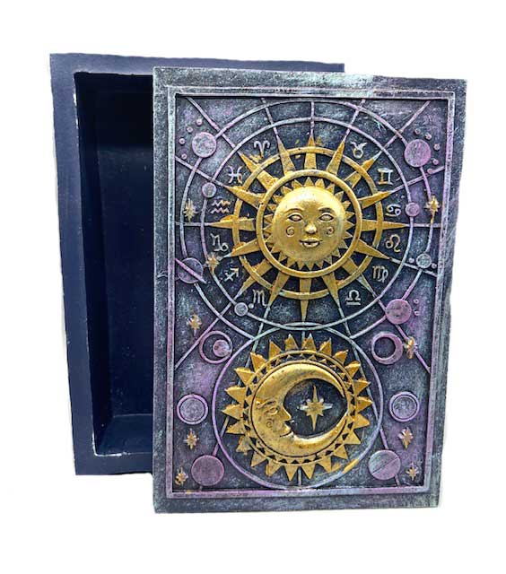 Sun & Moon Tarot Card Box -Zodiac Symbols - Blue, Gold - 3 3/4"x 5 1/2"