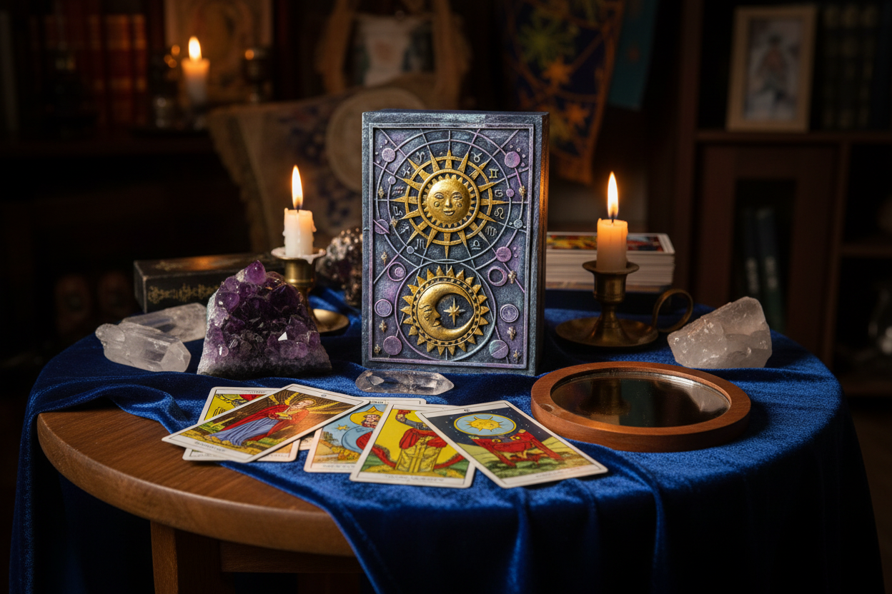 Decorative box with sun and moon design and zodiac symbols on a white background