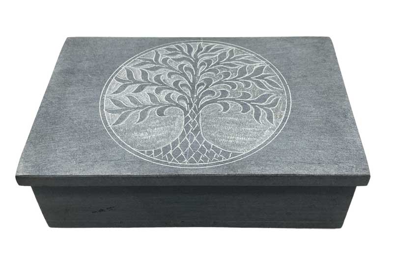 decorative storage box made of grey soapstone with a tree of life etched lid.