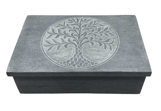 decorative storage box made of grey soapstone with a tree of life etched lid.