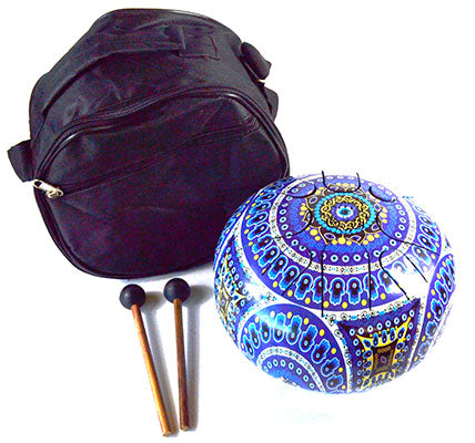 Hand Pan Tongue Drum- Fatima Hand & Evil Eye w/ 2 Sticks and Carry Bag-Blue