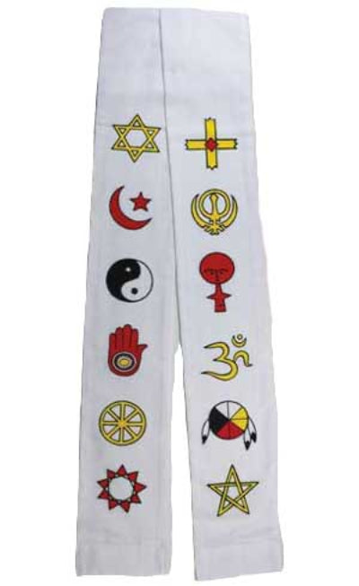 A white cotton stole with various colorful religious symbols and designs printed on it, such as the Star of David, a cross, and other symbols.