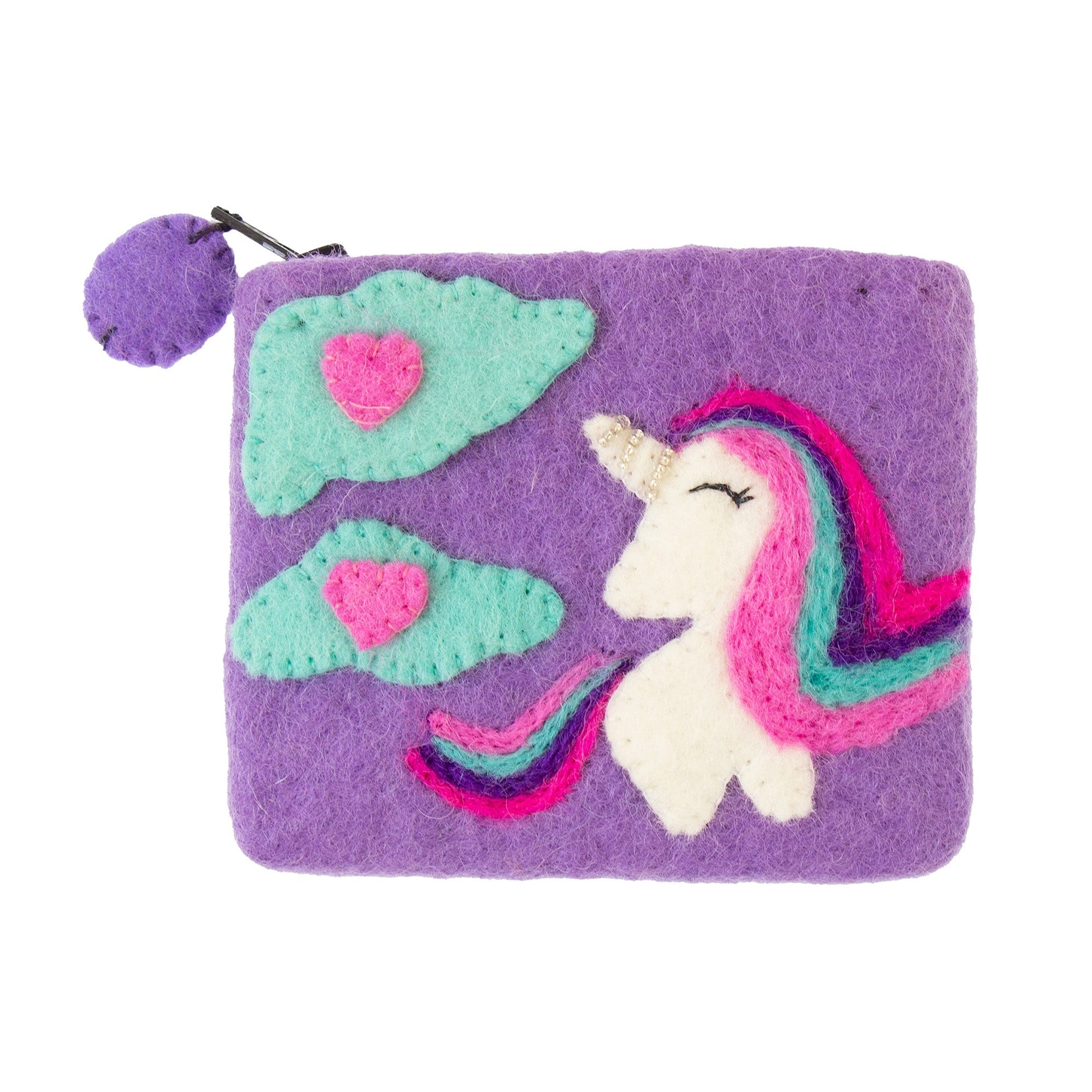 Purple pouch with unicorn design on a white background
