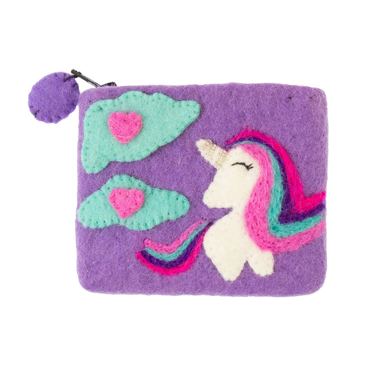 Purple pouch with unicorn design on a white background