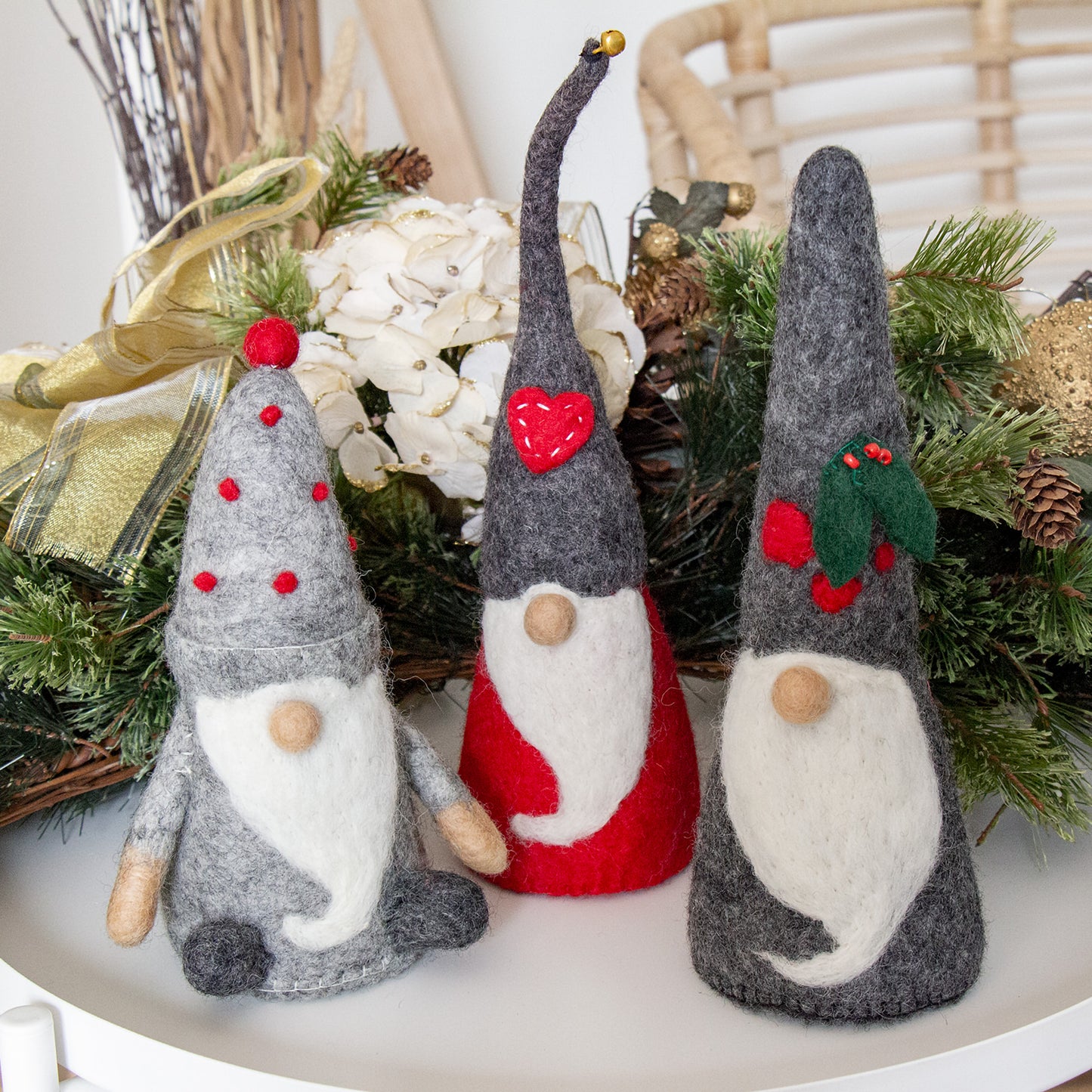 Gnomos de invierno navideños de fieltro hechos a mano, juego de 3