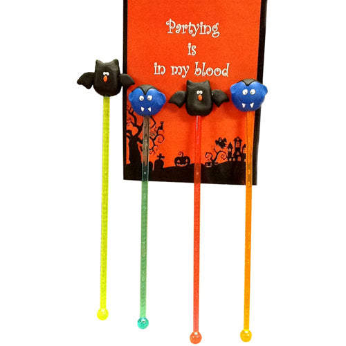 Set of 4 Halloween Stir Sticks with Marzipan Character Tops-Vampires-Bats-Colombia