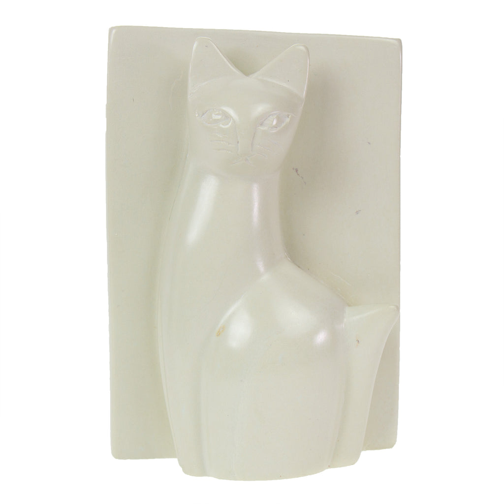 front view of handmade soapstone cat bookends fair trade imported from Kenya