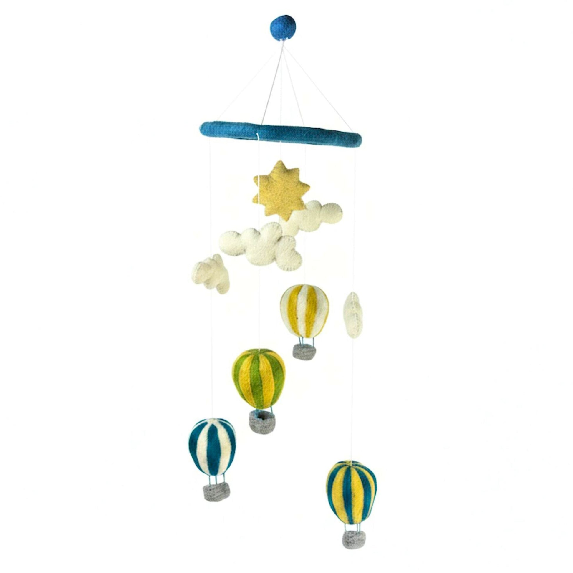 Decorative mobile with blue, yellow, and white striped hot air balloons, white puffy clouds and bright stars on a white background