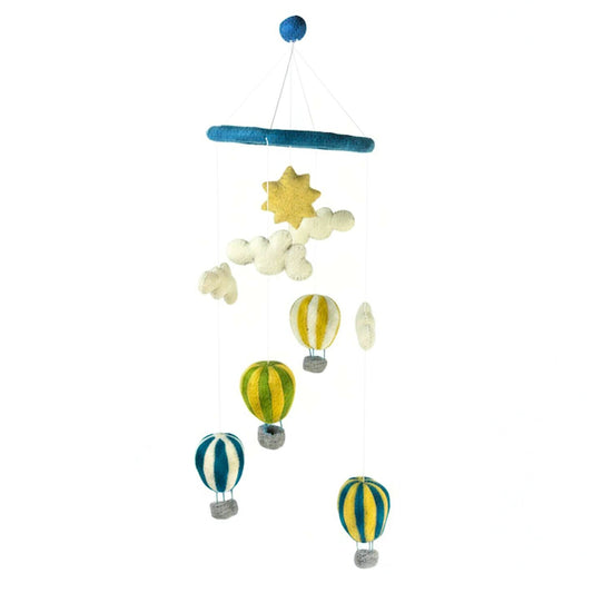 Decorative mobile with blue, yellow, and white striped hot air balloons, white puffy clouds and bright stars on a white background