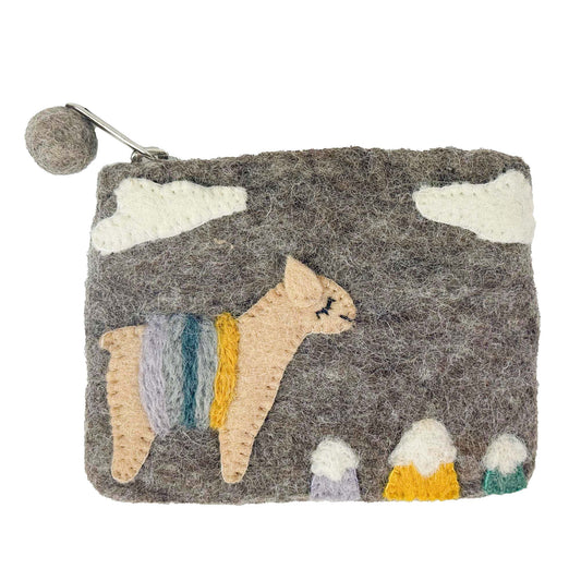 Felt pouch with llama design on a gray background