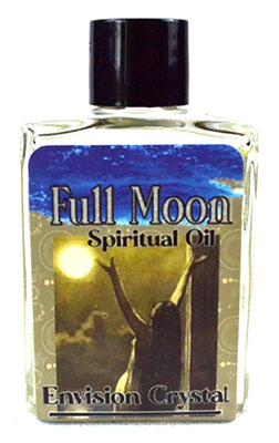 Bottle of Full Moon Spiritual Oil with a label featuring a silhouette of a person under a moonlit sky.