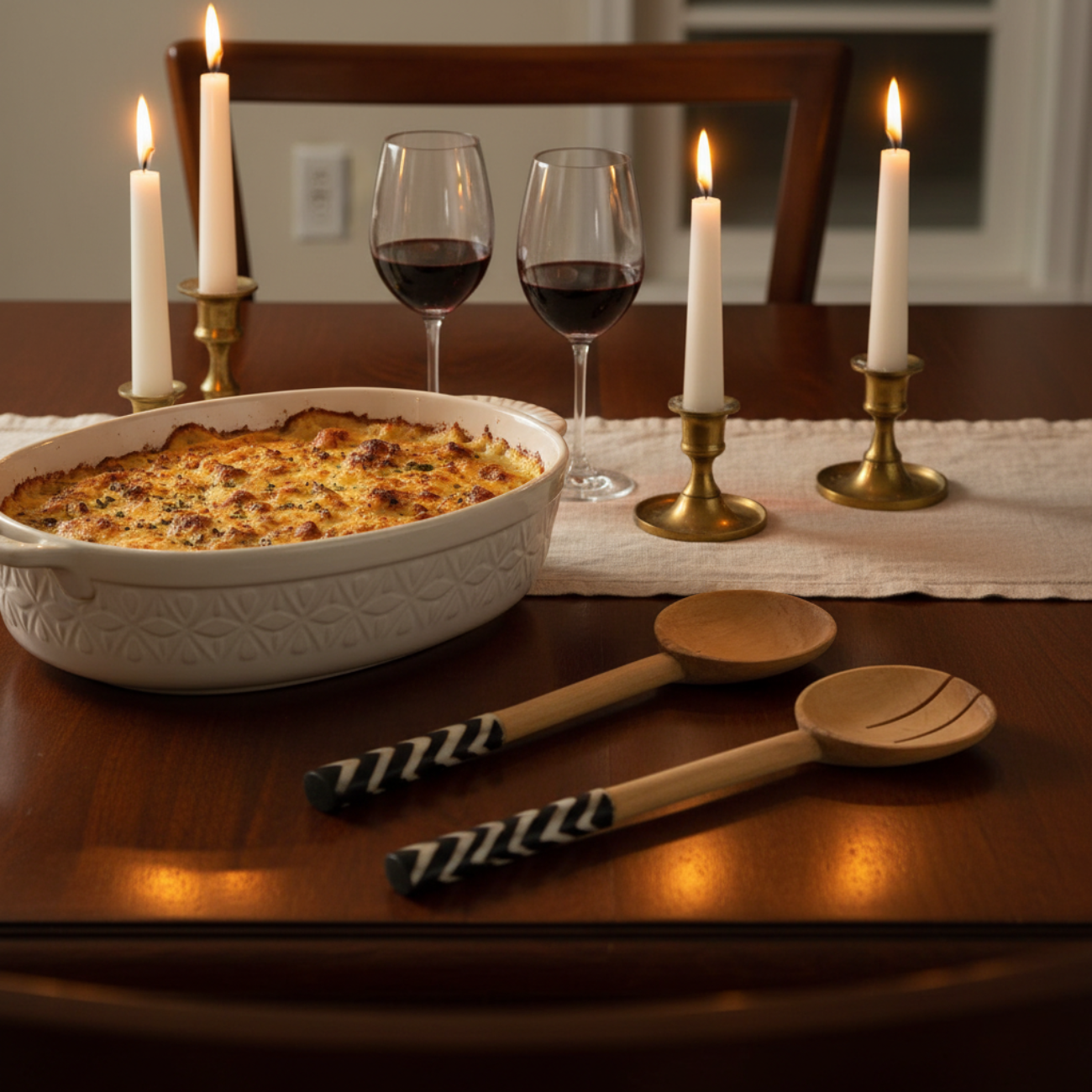 Dish of food on a table with candles and wine glasses. Hand-carved wood and bone serving set lying on the table.