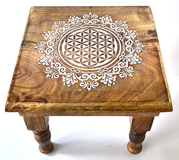 Wooden Flower of Life Square Altar Table- 9"x 9"x 8"