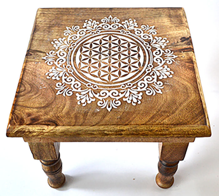 Wooden Flower of Life Square Altar Table- 9"x 9"x 8"