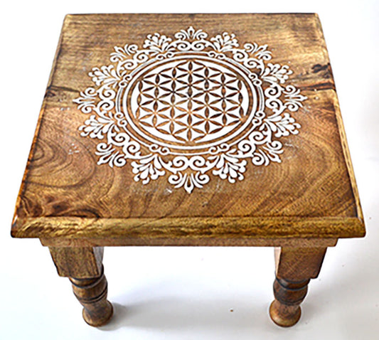 Wooden Flower of Life Square Altar Table- 9"x 9"x 8"