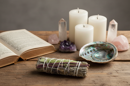 A bundle of white sage smudge stick with 7 herbs including mullein, peppermint, rosemary, lavender, lemongrass, Ruda Rue, and Eucalyptus, tied together.