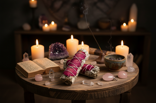 white sage stick bundles with red rose petals lying on a small wooden altar with white candles, crystals, incense and small hand-written journal.