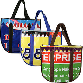 shopping tote bags made from recycled plastic advertising billboards