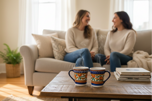 Two women sitting on a couch in a living room with two colorful mugs on a table in front of them.