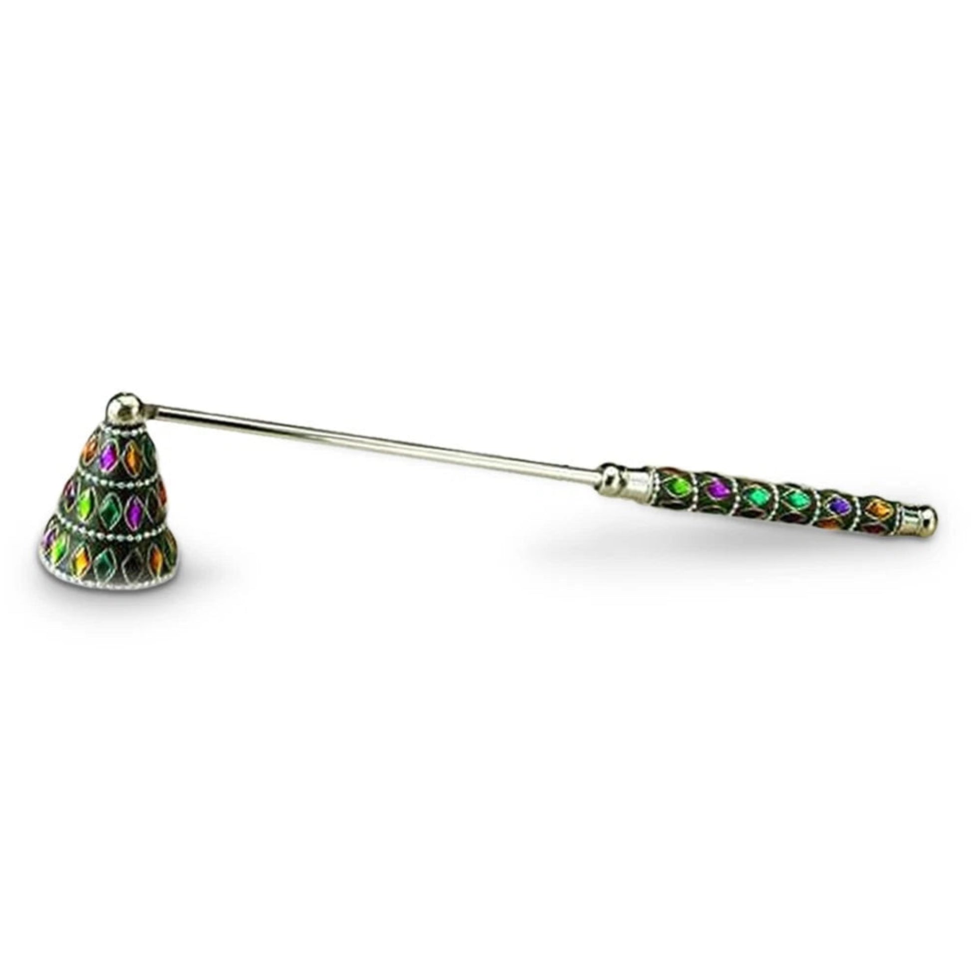 Decorative candle snuffer with gemstone accents on a white background
