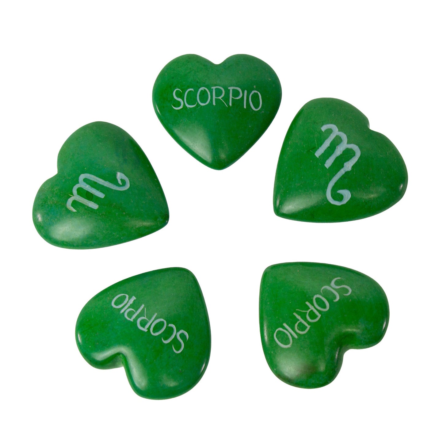Zodiac Soapstone Hearts: SCORPIO-Hand-Carved and Hand-Painted-5PC Set-Green