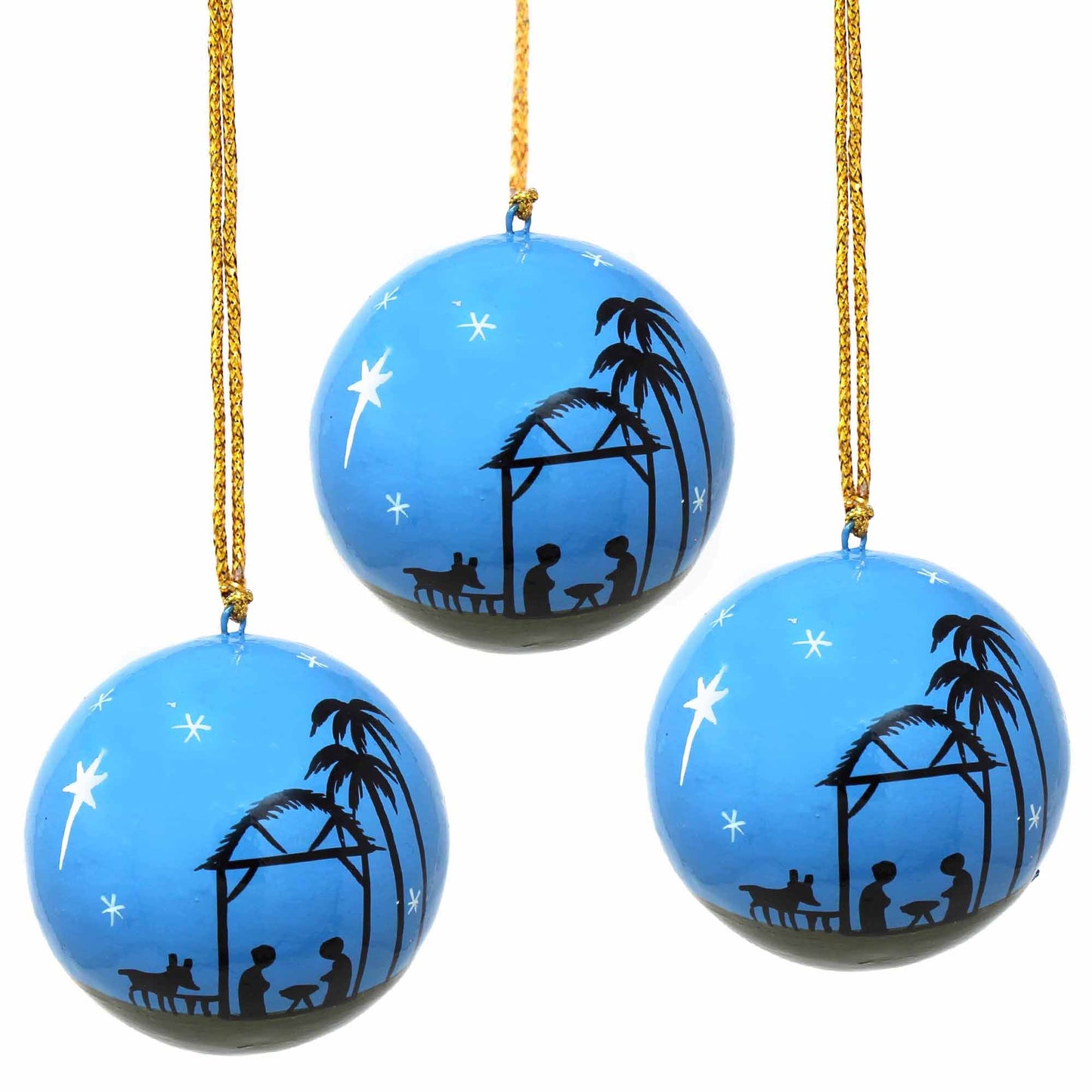 Hand-painted Nativity Christmas Ornaments - Set of 3 - Blue