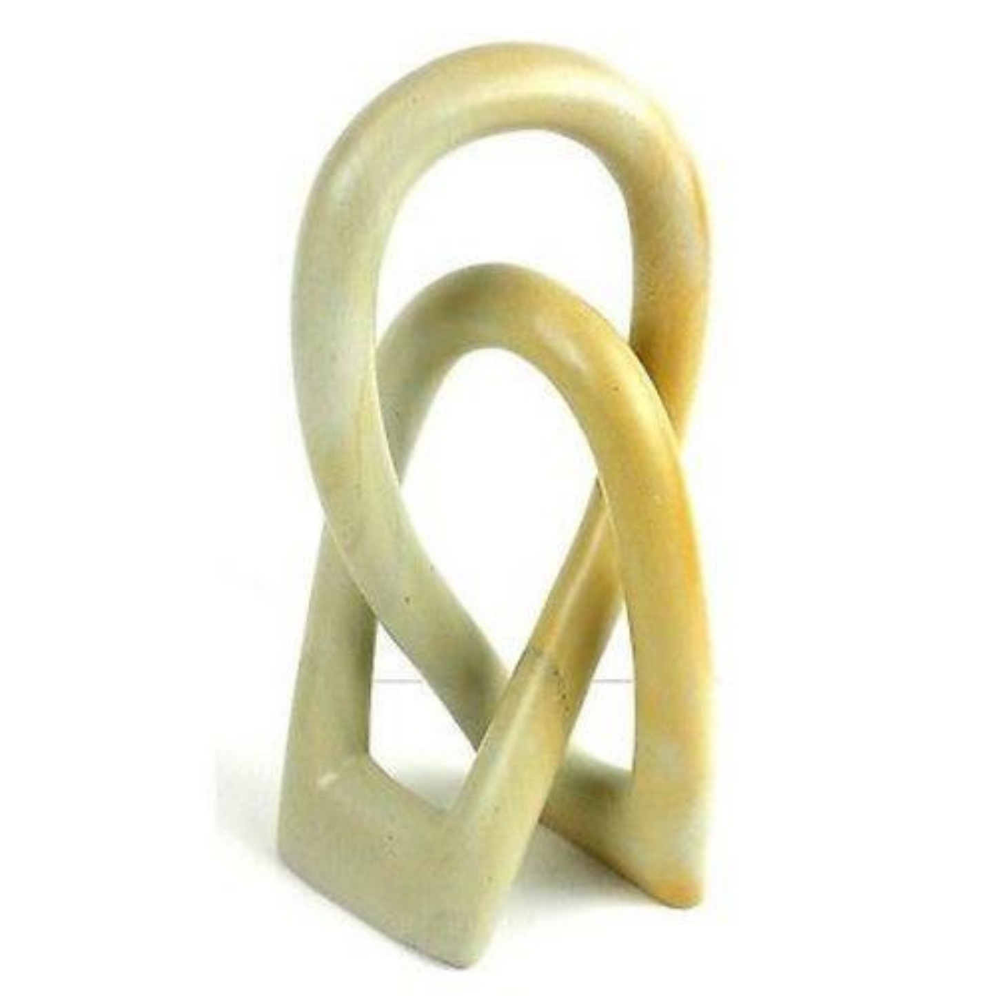 A beige soapstone sculpture of two abstract, intertwined figures representing a loving bond between two souls.