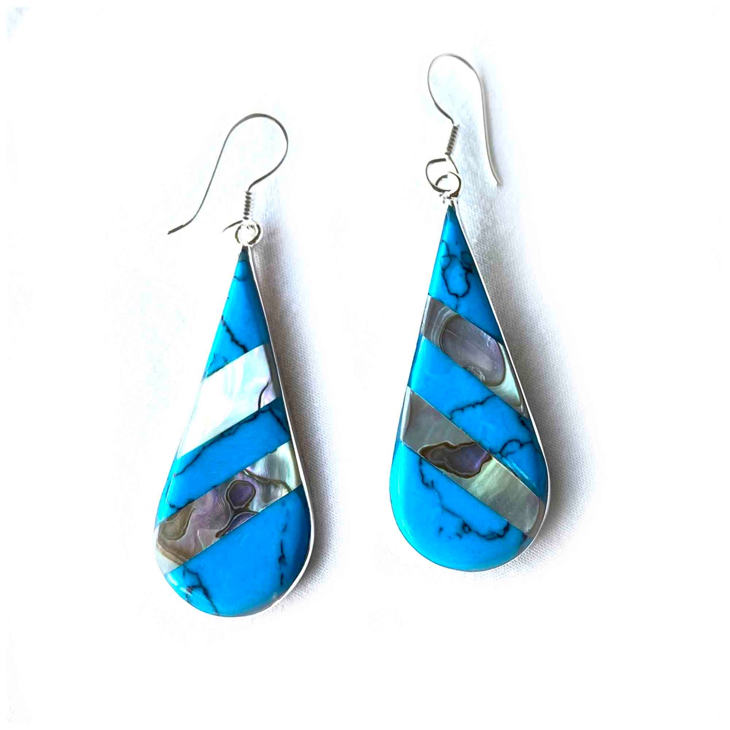 Abalone & Turquoise Striped  Silver Teardrop Earrings