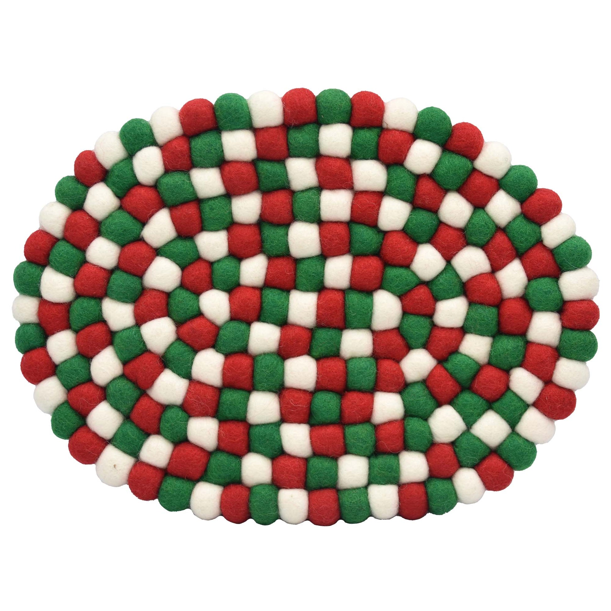 Round woven trivet with red, green, and white pattern on a white background
