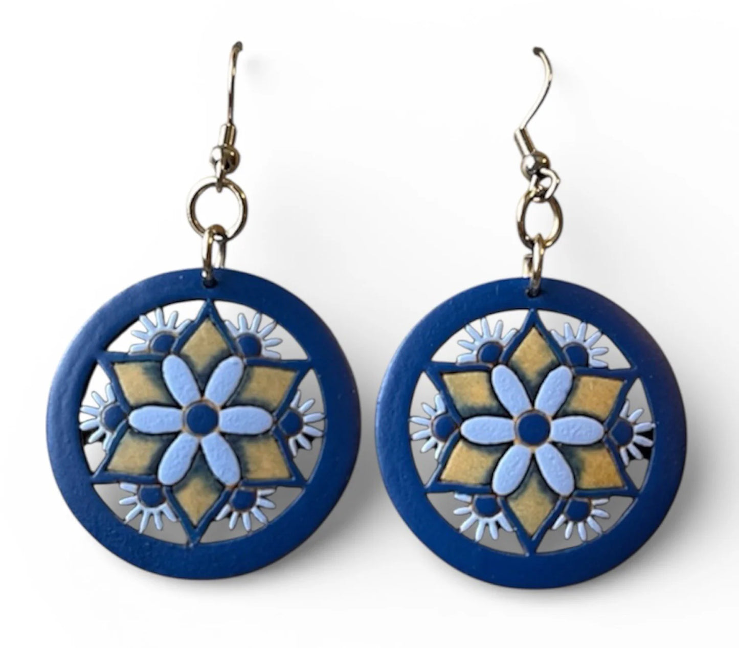 Pair of blue earrings with floral design on a white background